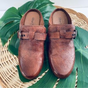 Rose Petals by Walking Cradles Western Brown embossed leather heel clogs Size 8W